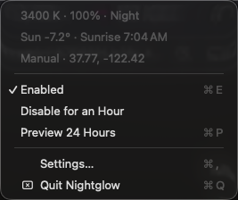 Nightglow's menu: 3400 K at night, sun elevation, next sunrise, pause and preview controls