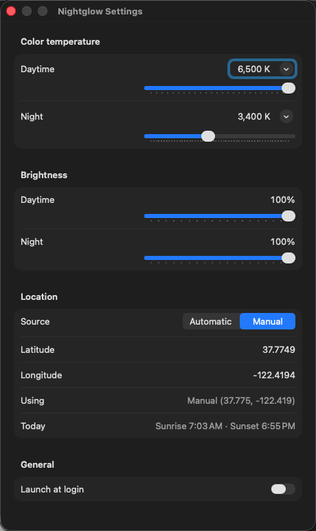 Nightglow settings: day and night temperature and brightness sliders, location source, launch at login